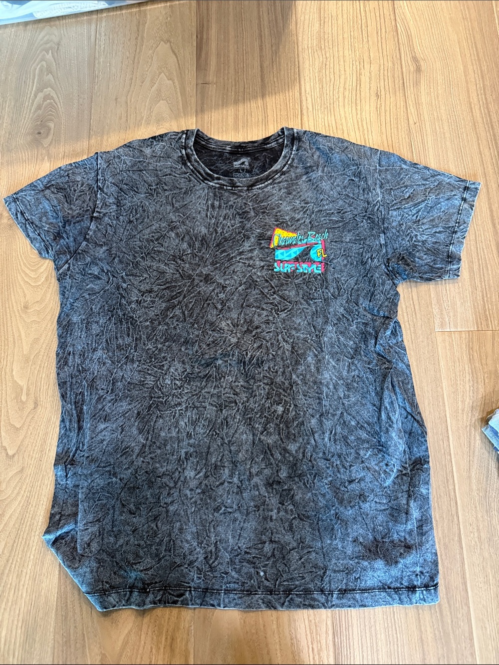 surf style Black Mineral Wash Short Sleeve Tee with Neon Logo